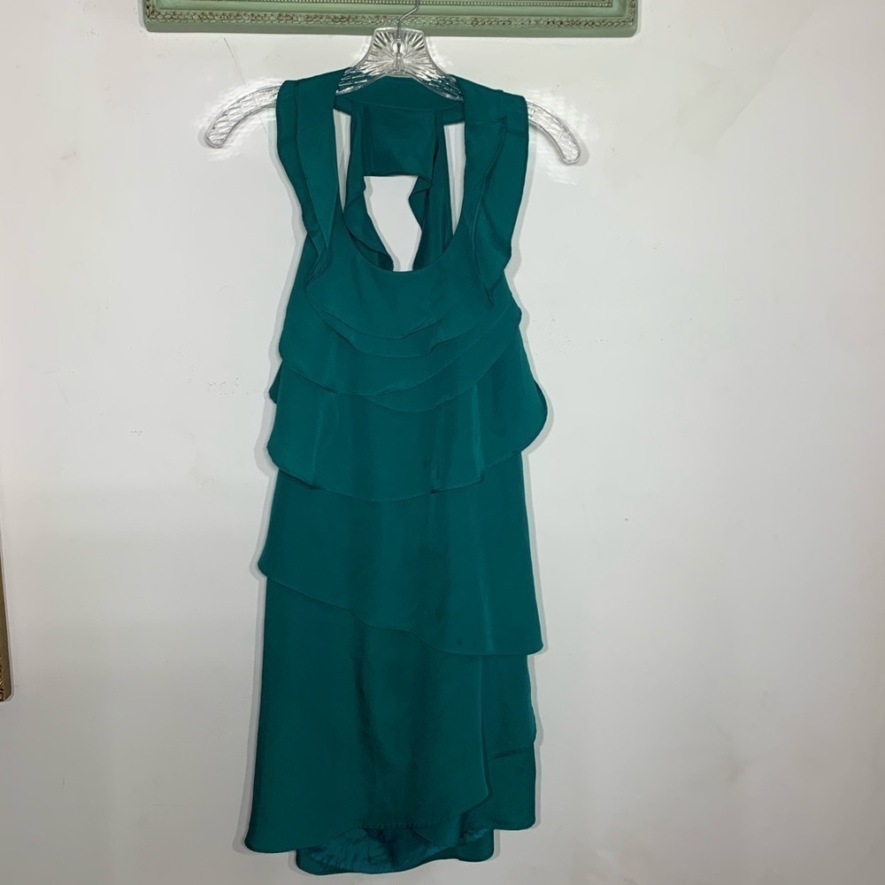 Ruffle Tier chiffon Open back green mini dress large
